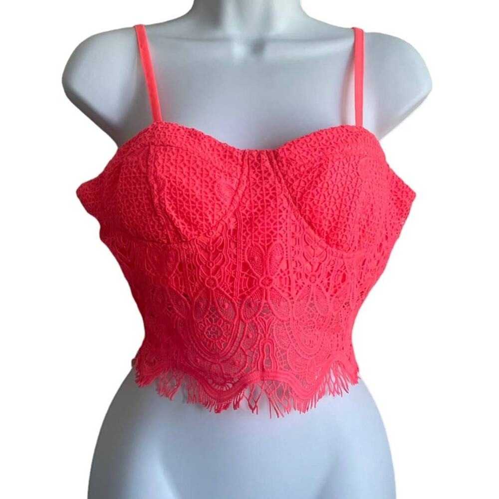 Y2K Women Coquette Festival Lace Crop Top‎  Corset L Neon Orange Smocked Bustier